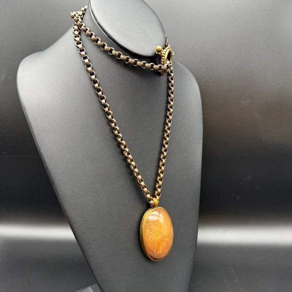 RARE 1994 Signed Stephen Dweck Pendant Necklace Oversized Bronze Chain & Quartz - Picture 1 of 8